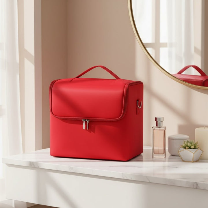 Vanity Case Maquillage rouge sur coiffeuse avec miroir et flacons de parfum