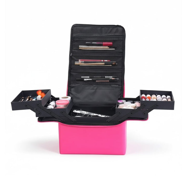 Vanity Case Maquillage rose ouvert avec bacs escamotables en aluminium