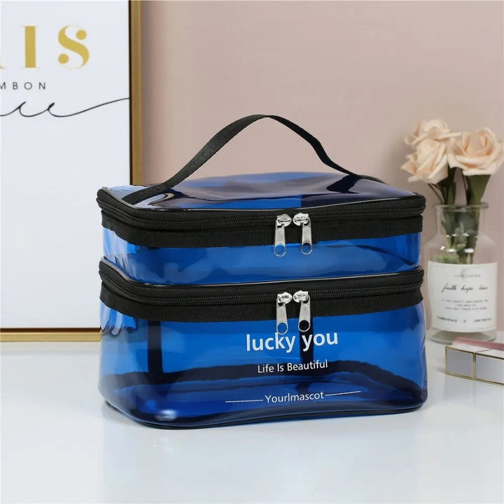 vanity case transparent bleu double compartiment zippé