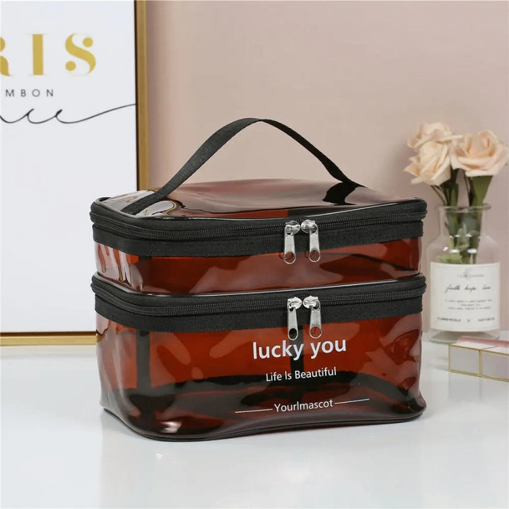 vanity case transparent ambré/rouge pour maquillage et accessoires