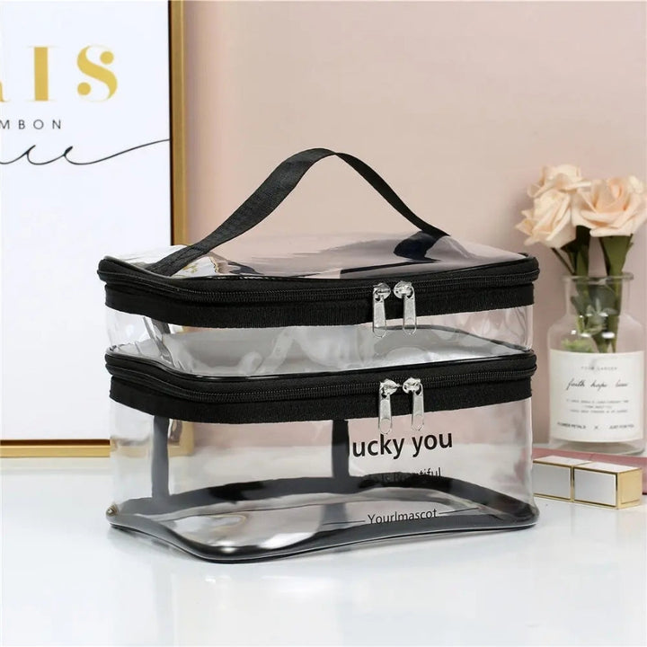 vanity case transparent incolore ouvert avec deux niveaux