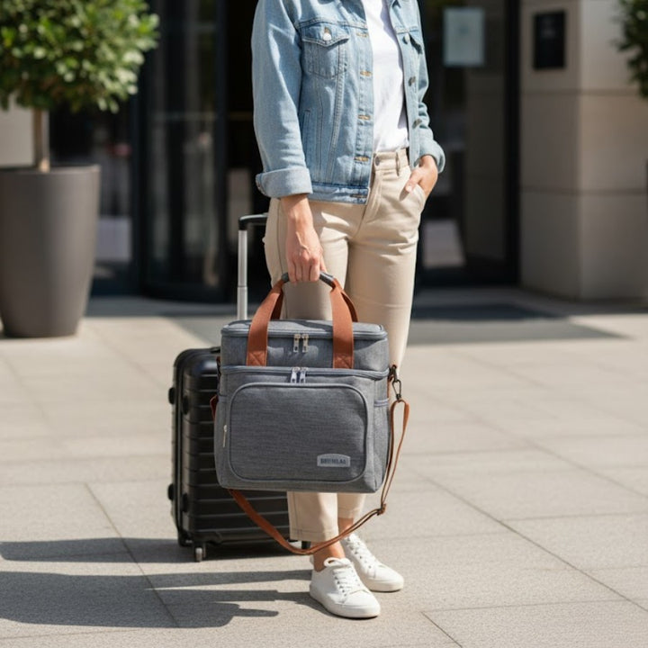 Vanity Familial - Format Voyage avec Bandoulière portée à la main par une voyageuse en sortie d'hôtel, avec une valise