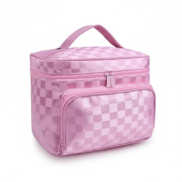 Vanity Femme Voyage Souple — version rose pastel avec tissu satiné motif damier