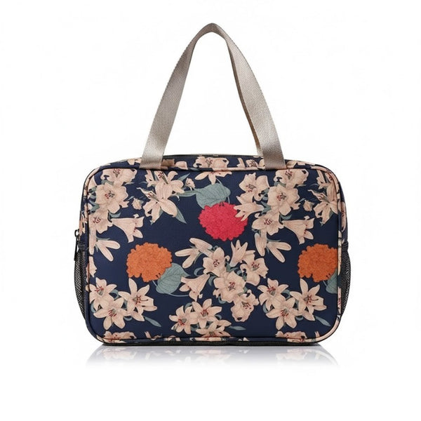 Vanity Fleuri en tissu Oxford imperméable avec anses beiges et fond bleu marine