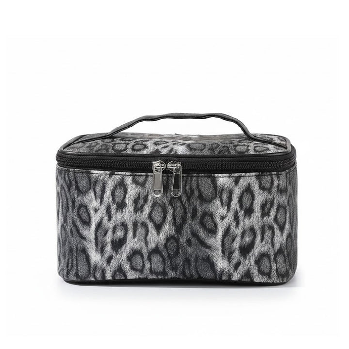 Vanity Léopard gris en similicuir PU avec double fermeture zippée