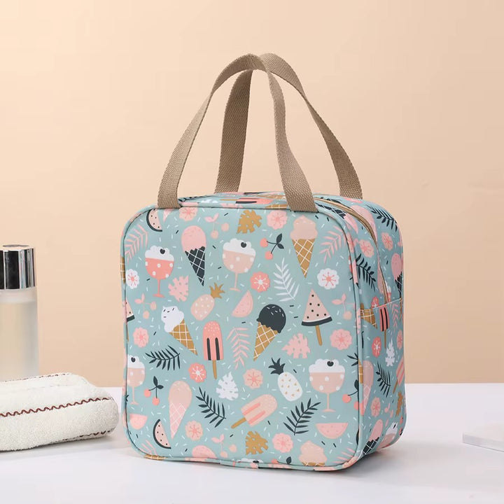 Vanity Souple Format Voyage - Motif Glaces d'Été vue de dos sur ofnd beige, avec anses de transport