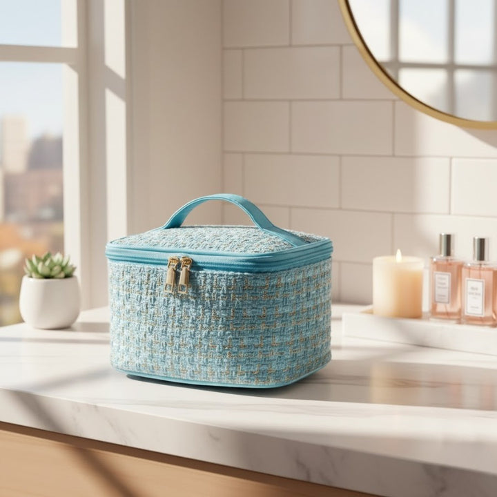 Vanity Tissu Femme - Tweed coloris bleu ciel vue dans une salle de bain