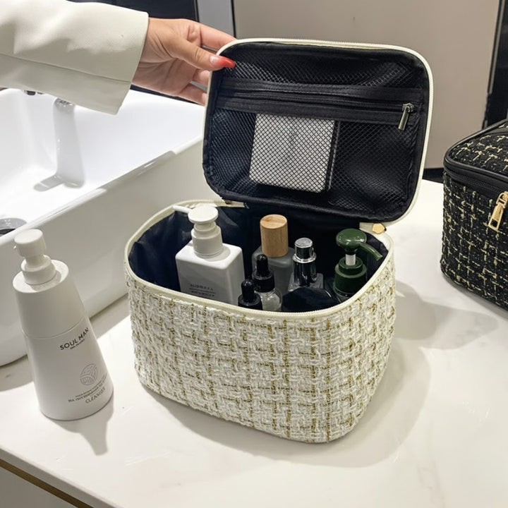 Vanity Tissu Femme - Tweed avec grand compartiment et pocheen maille zippée sur le couvercle