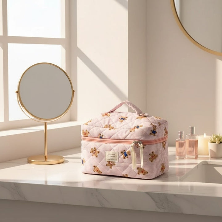 Ensemble Vanity Trousse de Maquillage rose et beige motif oursons