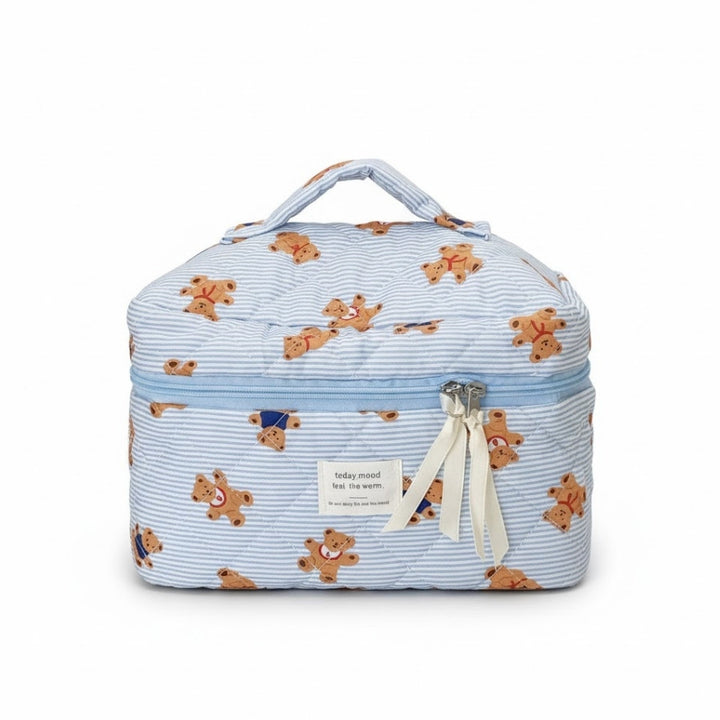 Vanity Trousse de Maquillage bleue vue avant sur table claire